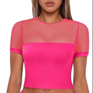 ✨ NWT REORIA Women’s Crop Top Sheer Mesh Crew Neck - Size M - Neon Rose Red✨